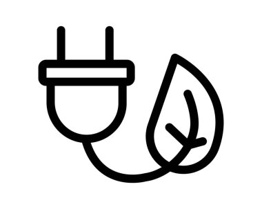 Çevre dostu güç sembolü. Yapraklı bir elektrik prizinin çizgi tasarımı yenilenebilir enerji, yeşil teknoloji ve sürdürülebilir kaynakları sembolize ediyor..