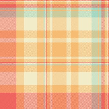 Sıcak ekose desenli. Şeftali, turuncu ve kremayla kesişen şeritler ve kareler içeren tartan tekstil tasarımı. Arkaplan, tekstil ve dekoratif elementler için.