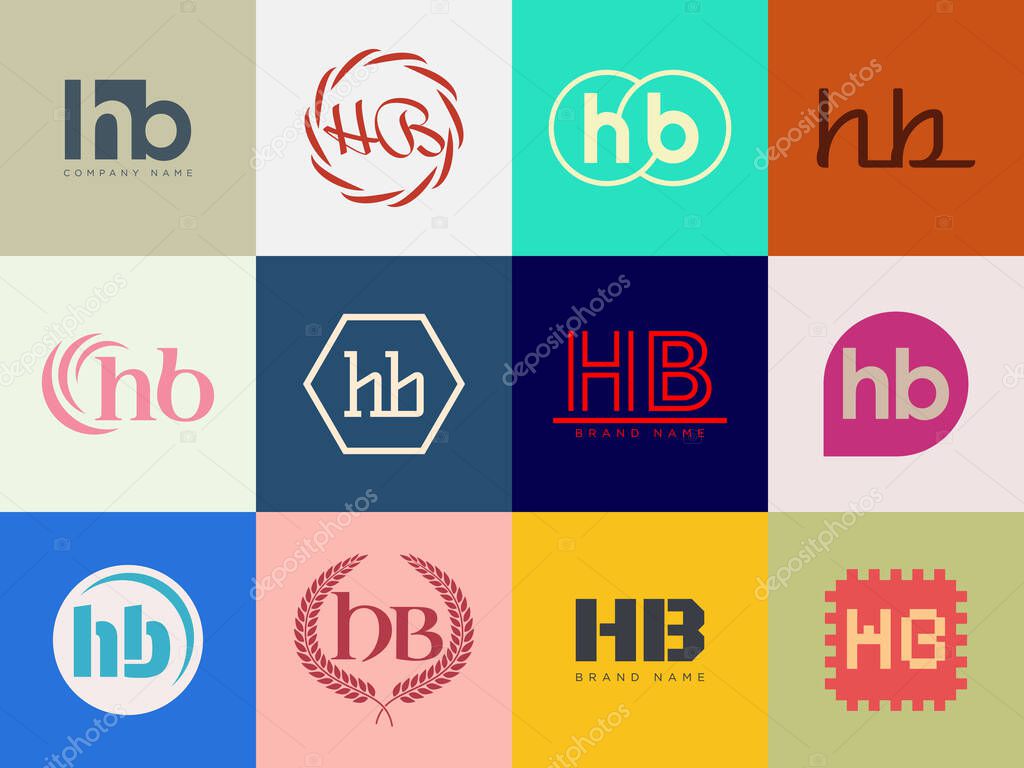 HB logo company template. Letter h and b logotype. Set different classic serif lettering and modern bold text with design elements. Initial font typography. Collection trendy business identity.