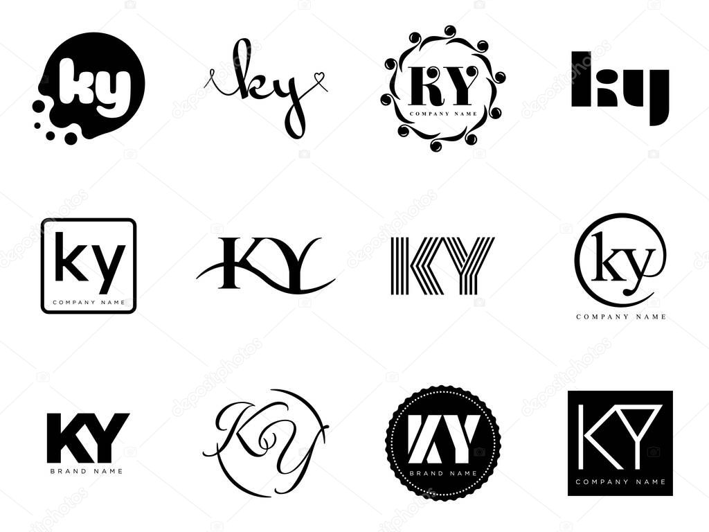 KY logo company template. Letter k and y logotype. Set different classic serif lettering and modern bold text with design elements. Initial font typography. Collection trendy business identity.