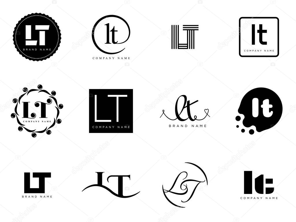 LT logo company template. Letter l and t logotype. Set different classic serif lettering and modern bold text with design elements. Initial font typography. Collection trendy business identity.