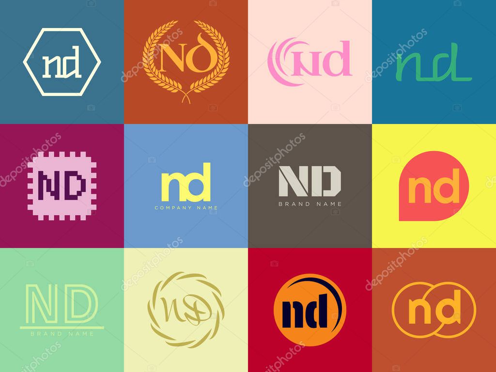 ND logo company template. Letter n and d logotype. Set different classic serif lettering and modern bold text with design elements. Initial font typography. Collection trendy business identity.