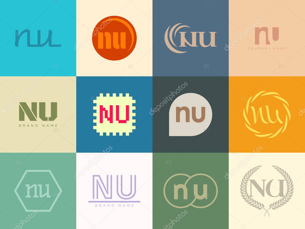 NU logo company template. Letter n and u logotype. Set different classic serif lettering and modern bold text with design elements. Initial font typography. Collection trendy business identity.