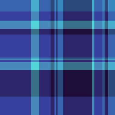 Doğrusal desenli tartan vektör, Brezilya ekoseli dikişsiz doku. Modaya uygun kumaş arka plan kontrolü mavi ve cyan renk paleti.