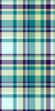 Canlı deniz mavisi, krem rengi ve mor ekose desenli. Tekstil tasarımı, moda, arka plan ve web sitesi tasarımı için mükemmel..