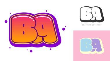 Festival ya da parti için BA logo tasarımı. B harfi ve A harfi grafiti tarzında. Yazı tipi tipografisinin yaratıcı modern harfleri. Modayı takip eden logotlar ya da kimlikler. Vektör illüstrasyonu.