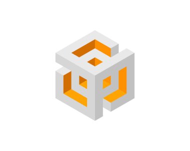 Soyut izometrik küp tasarımı. Gri ve turuncu geometrik şekiller modern, minimalist ve yenilikçi bir görüntü yaratır. Teknoloji, mimarlık veya kurumsal markalaşma için mükemmel.