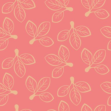 Zarif bej yaprak motifleri içeren zarif, pembe, pürüzsüz bir desen. Tekstil baskıları, duvar kağıdı, ambalaj ve web sitesi geçmişi için mükemmel.