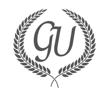 G ve U harfleri, defne çelenkli GU monogram logo tasarımı. Kaligrafi yazı tipli lüks amblem.