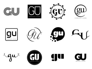 GU logo şirketi şablonu. G harfi ve senin logotin. Tasarım elemanları ile farklı klasik serif harfleri ve modern kalın metin ayarla. İlk yazı tipi tipografisi. Koleksiyon trend iş kimliği.