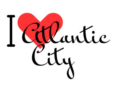 Atlantic City 'i seviyorum, Amerika Birleşik Devletleri' ni. Kırmızı kalpli el yazısıyla yazılmış mektuplar. Vektör illüstrasyon harfleri, yazdırma tişörtü, afiş, poster, etiket veya etiket için modern tasarım.