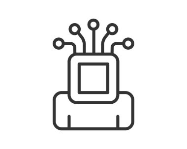 Yapay zeka, robot bilimi ya da gelişmiş teknolojiyi sembolize eden, ekranımsı bir kafa ve kabloya sahip, kişilik benzeri bir figürün minimalist tasviri. Yenilik ve bağlantı kavramı.