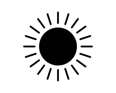 Basit bir güneş ikonu, ışık saçıyor. Siyah siluet beyaza karşı. Hava, yaz ve enerji kavramları için mükemmel. Parlaklığa ihtiyaç duyan tasarımlar için vektör sanatı.