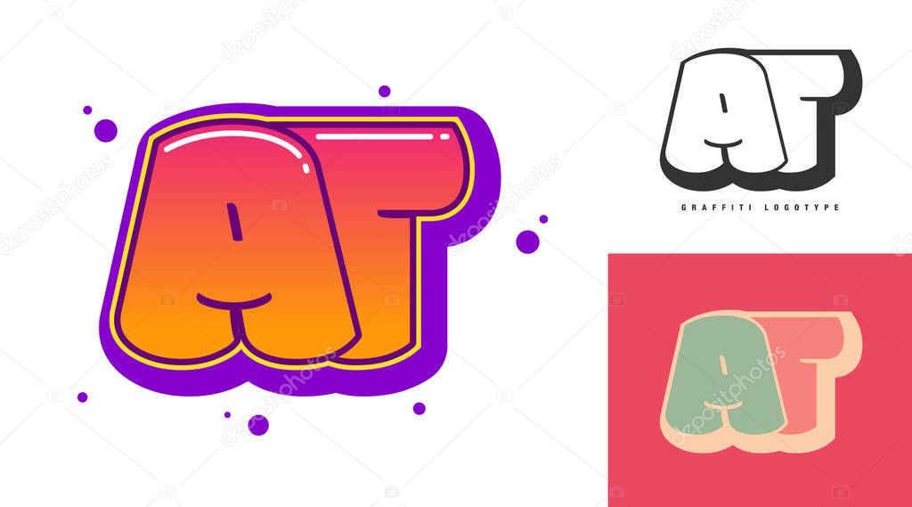 AT logo design for festival or party. Initial letter a and t in graffiti style. Creative modern lettering company name of font typography. Kids trendy logotype or identity. Vector illustration.