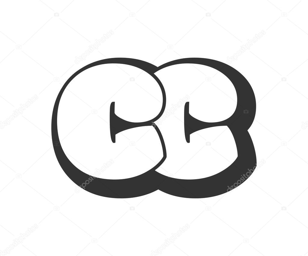 CC logo, bubble comic lettering, rounded in graffiti style black and white silhouette. Trendy preschool C and C letter text for festival party, personal initials, children funky print and web. Vector illustration.