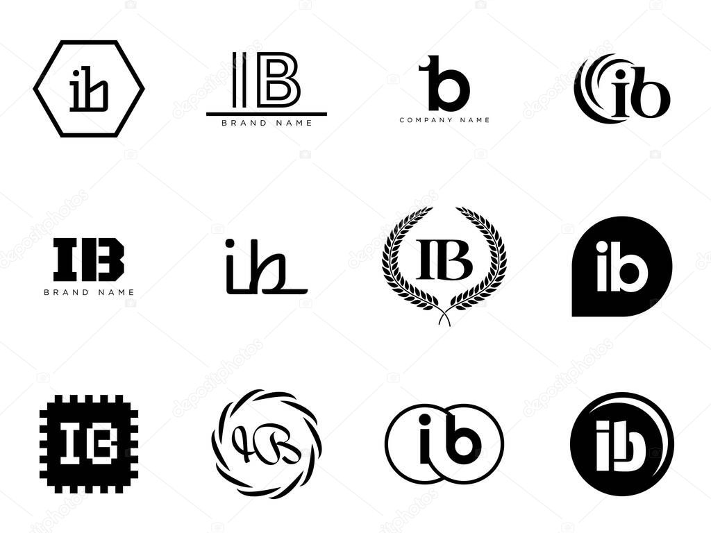 IB logo company template. Letter i and b logotype. Set different classic serif lettering and modern bold text with design elements. Initial font typography. Collection trendy business identity.