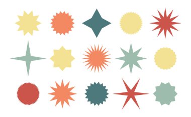 Geriye dönük yıldız patlamaları ve pastel renklerde güneş şekilleri. Klasik tasarımlar, logo aksanları veya dekoratif arka planlar için çok yönlü bir grafik ögesi.