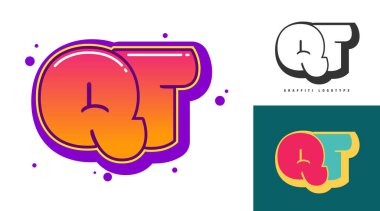 Festival ya da parti için QT logo tasarımı. Graffiti tarzında ilk harf q ve t. Yazı tipi tipografisinin yaratıcı modern harfleri. Modayı takip eden logotlar ya da kimlikler. Vektör illüstrasyonu.