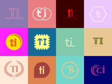 TI logo şirketi şablonu. Mektup t ve ben logoti. Tasarım elemanları ile farklı klasik serif harfleri ve modern kalın metin ayarla. İlk yazı tipi tipografisi. Koleksiyon trend iş kimliği.
