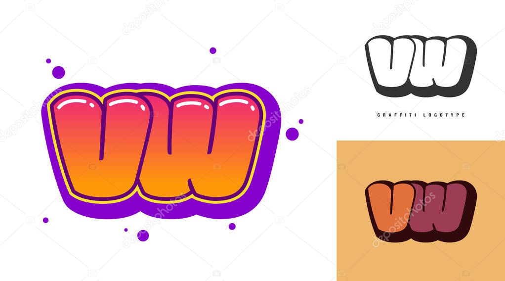 VW logo design for festival or party. Initial letter v and w in graffiti style. Creative modern lettering company name of font typography. Kids trendy logotype or identity. Vector illustration.