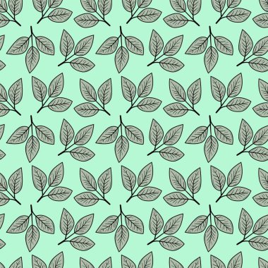 Nane yeşili arka planda stilize edilmiş yaprakların zarif, pürüzsüz deseni. Tekstil tasarımı, duvar kağıdı ya da web sitesi geçmişi için mükemmel.