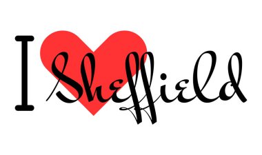 Sheffield 'ı seviyorum, Birleşik Krallık' ı. Kırmızı kalpli el yazısıyla yazılmış mektuplar. Vektör illüstrasyon harfleri, yazdırma tişörtü, afiş, poster, etiket veya etiket için modern tasarım.