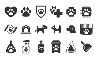 Siyah ve beyaz köpek bakım ikonu seti. Düz vektör unsurları, temiz tasarım, hayvan hizmetleri için mükemmel veterinerler, köpek barınakları. Basit, modern, kolayca adapte edilebilir..