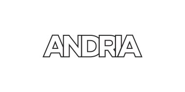 Andria, İtalya ambleminde baskı ve ağ anlamına gelir. Tasarım, modern yazı tipinde cesur tipografiye sahip geometrik stil, vektör illüstrasyonuna sahiptir. Beyaz arkaplanda izole edilmiş grafiksel slogan harfleri.