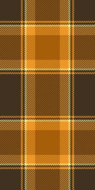 Kravat arka plan vektör dokusu, etnik tartan ekose kumaşı. Ev deseni, turuncu ve koyu renk paletindeki pürüzsüz kumaşı kontrol et.