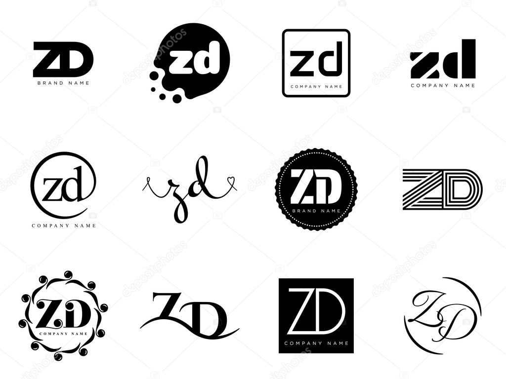 ZD logo company template. Letter z and d logotype. Set different classic serif lettering and modern bold text with design elements. Initial font typography. Collection trendy business identity.