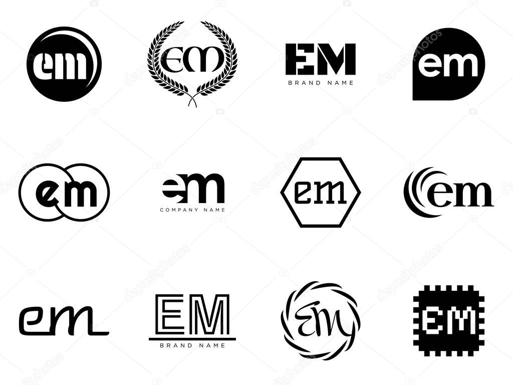 EM logo company template. Letter e and m logotype. Set different classic serif lettering and modern bold text with design elements. Initial font typography. Collection trendy business identity.