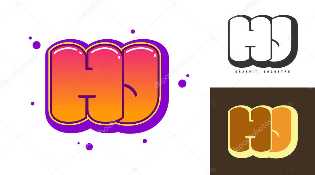 HJ logo design for festival or party. Initial letter h and j in graffiti style. Creative modern lettering company name of font typography. Kids trendy logotype or identity. Vector illustration.