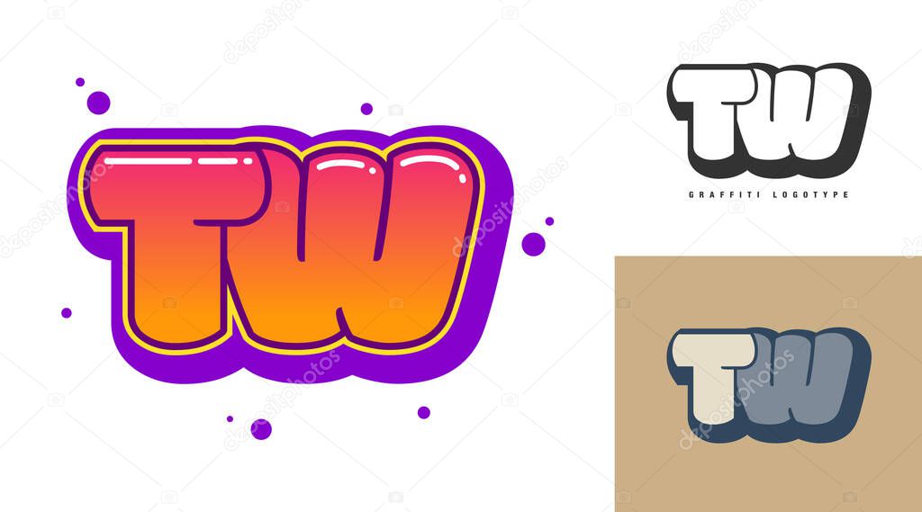 TW logo design for festival or party. Initial letter t and w in graffiti style. Creative modern lettering company name of font typography. Kids trendy logotype or identity. Vector illustration.
