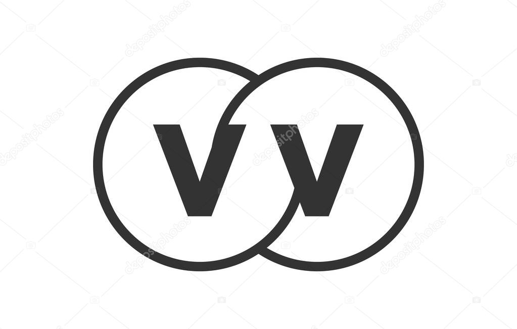 VV business company emblem with outline rounds and letters v v. Logo template of two merged circles for brand identity, logotype. Vector Infinity symbol  and technology sign.