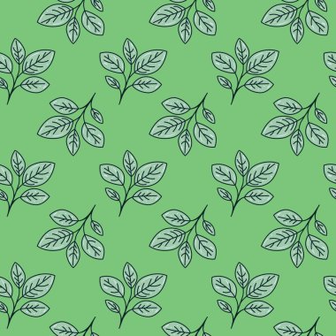 Pastel yeşil arka planda biçimlendirilmiş yaprakların kusursuz deseni. Tekstil baskıları, duvar kağıtları ya da web sitesi tasarımı için mükemmel. Doğa, büyüme ve tazeliği çağrıştırıyor..