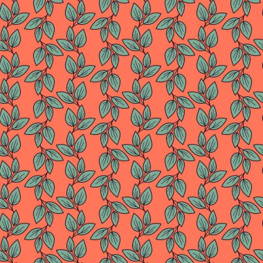 Kusursuz mercan ve deniz mavisi yaprağı deseni. Zarif, stilize yaprak tasarımı tekstil, duvar kağıtları ve markalaşma için mükemmel. Doğadan esinlenilmiş, minimalist estetik. Rahatlatıcı, ferahlatıcı bir titreşim yaratır.