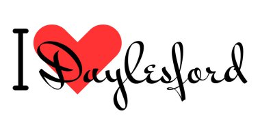 Daylesford 'u seviyorum, Avustralya' yı. Kırmızı kalpli el yazısıyla yazılmış mektuplar. Vektör illüstrasyon harfleri, yazdırma tişörtü, afiş, poster, etiket veya etiket için modern tasarım.