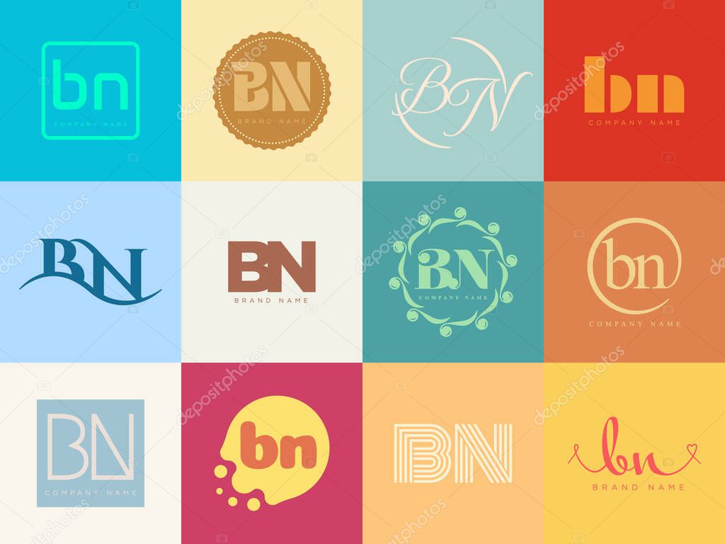 BN logo company template. Letter b and n logotype. Set different classic serif lettering and modern bold text with design elements. Initial font typography. Collection trendy business identity.
