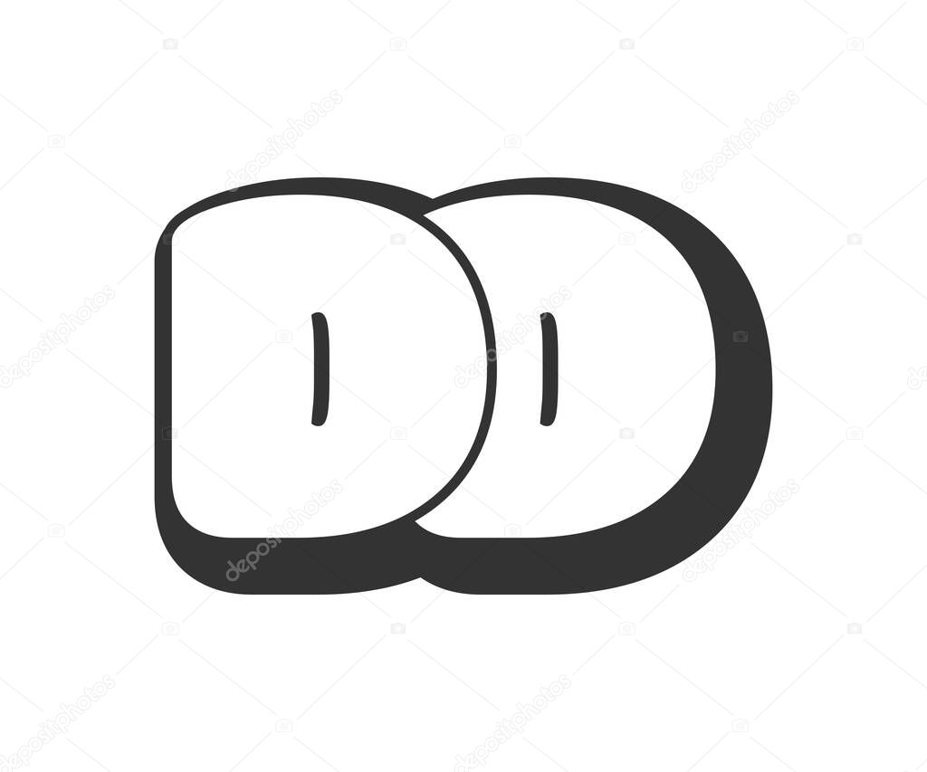 DD logo, bubble comic lettering, rounded in graffiti style black and white silhouette. Trendy preschool D and D letter text for festival party, personal initials, children funky print and web. Vector illustration.
