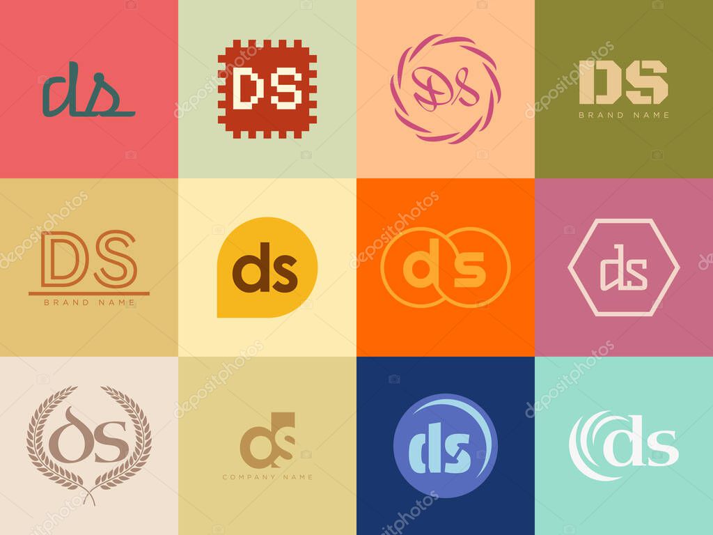 DS logo company template. Letter d and s logotype. Set different classic serif lettering and modern bold text with design elements. Initial font typography. Collection trendy business identity.