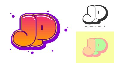 Festival ya da parti için JP logo tasarımı. Graffiti tarzında J ve P harfleri. Yazı tipi tipografisinin yaratıcı modern harfleri. Modayı takip eden logotlar ya da kimlikler. Vektör illüstrasyonu.