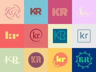 KR logo şirketi şablonu. K ve R harfleri logoti. Tasarım elemanları ile farklı klasik serif harfleri ve modern kalın metin ayarla. İlk yazı tipi tipografisi. Koleksiyon trend iş kimliği.