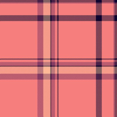 Retro piksel ekose deseni. Canlı mercan ve mor renkleri olan kusursuz bir tartan tasarımı. Arkaplan, tekstil ve klasik temalı projeler için ideal.