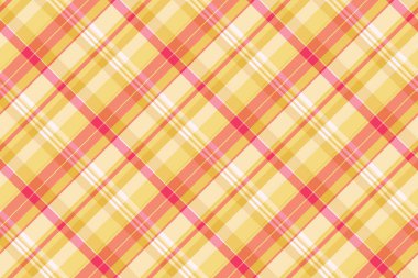 Parlak çapraz ekose desenli, güneşli sarı, mercan pembesi beyaz. Tekstil tasarımı, arkaplan, ambalaj veya el işi projeleri için mükemmel..