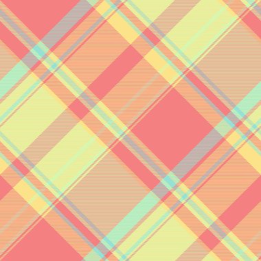 Canlı ekose desenli. Mercan, sarı ve mavi renkli pastel bir tekstil tasarımı. Arkaplan, kumaş ve antika temalı projeler için mükemmel..