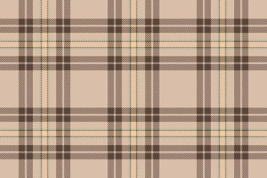 Klasik dikişsiz ekose desen. Bej, kahverengi ve sarı kumaş. Arkaplan, tekstil ve giyim projeleri için zamansız tasarım.