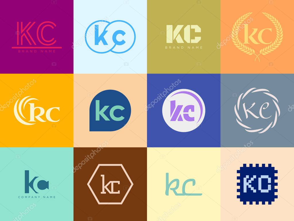 KC logo company template. Letter k and c logotype. Set different classic serif lettering and modern bold text with design elements. Initial font typography. Collection trendy business identity.