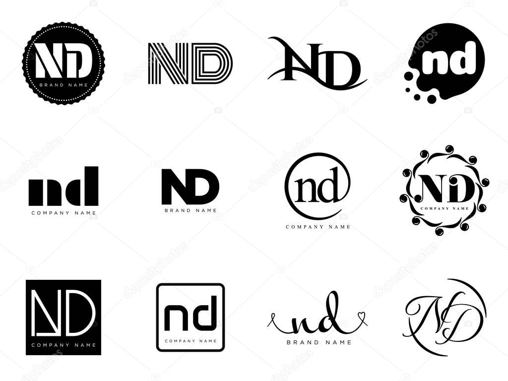 ND logo company template. Letter n and d logotype. Set different classic serif lettering and modern bold text with design elements. Initial font typography. Collection trendy business identity.