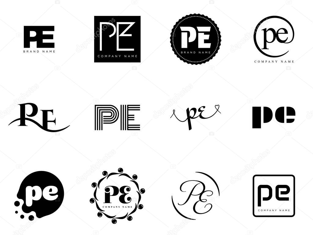 PE logo company template. Letter p and e logotype. Set different classic serif lettering and modern bold text with design elements. Initial font typography. Collection trendy business identity.