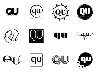 QU logo şirketi şablonu. Q ve U harfi logoti. Tasarım elemanları ile farklı klasik serif harfleri ve modern kalın metin ayarla. İlk yazı tipi tipografisi. Koleksiyon trend iş kimliği.